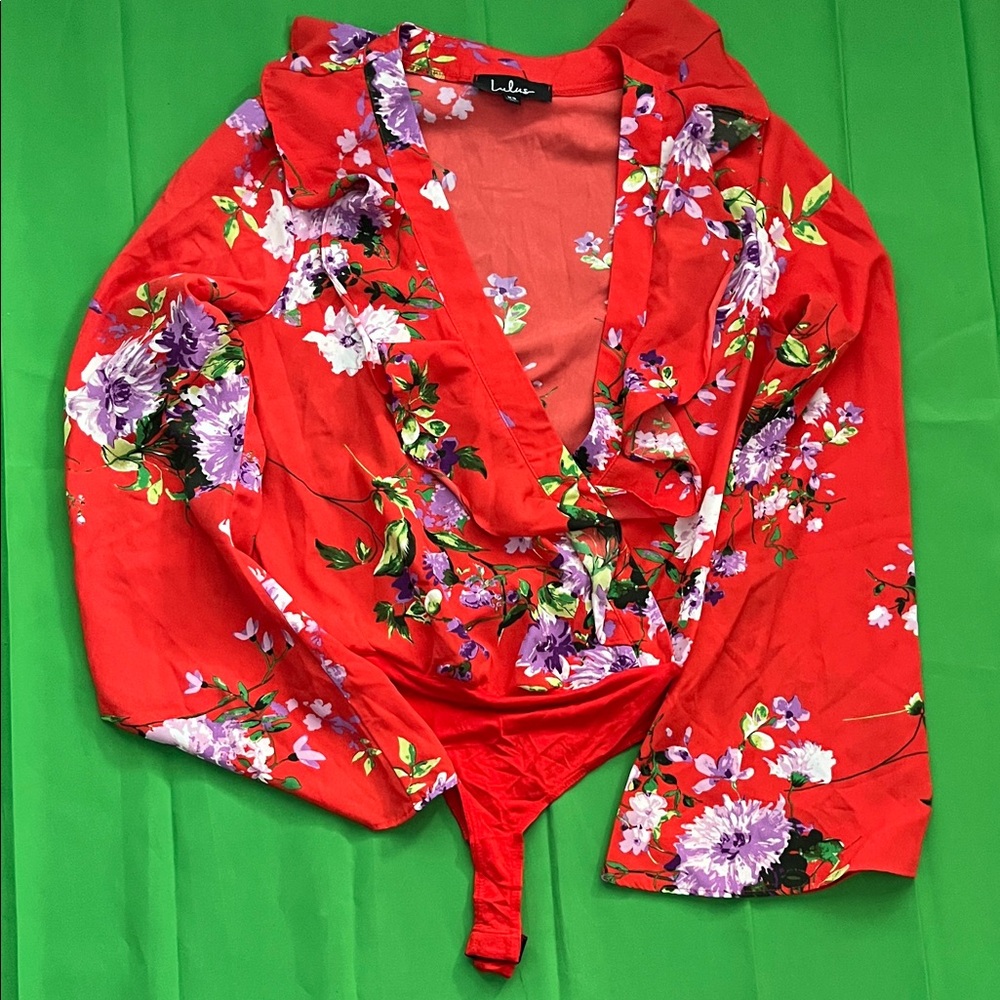 Lulu's Red Floral Wrap Blouse